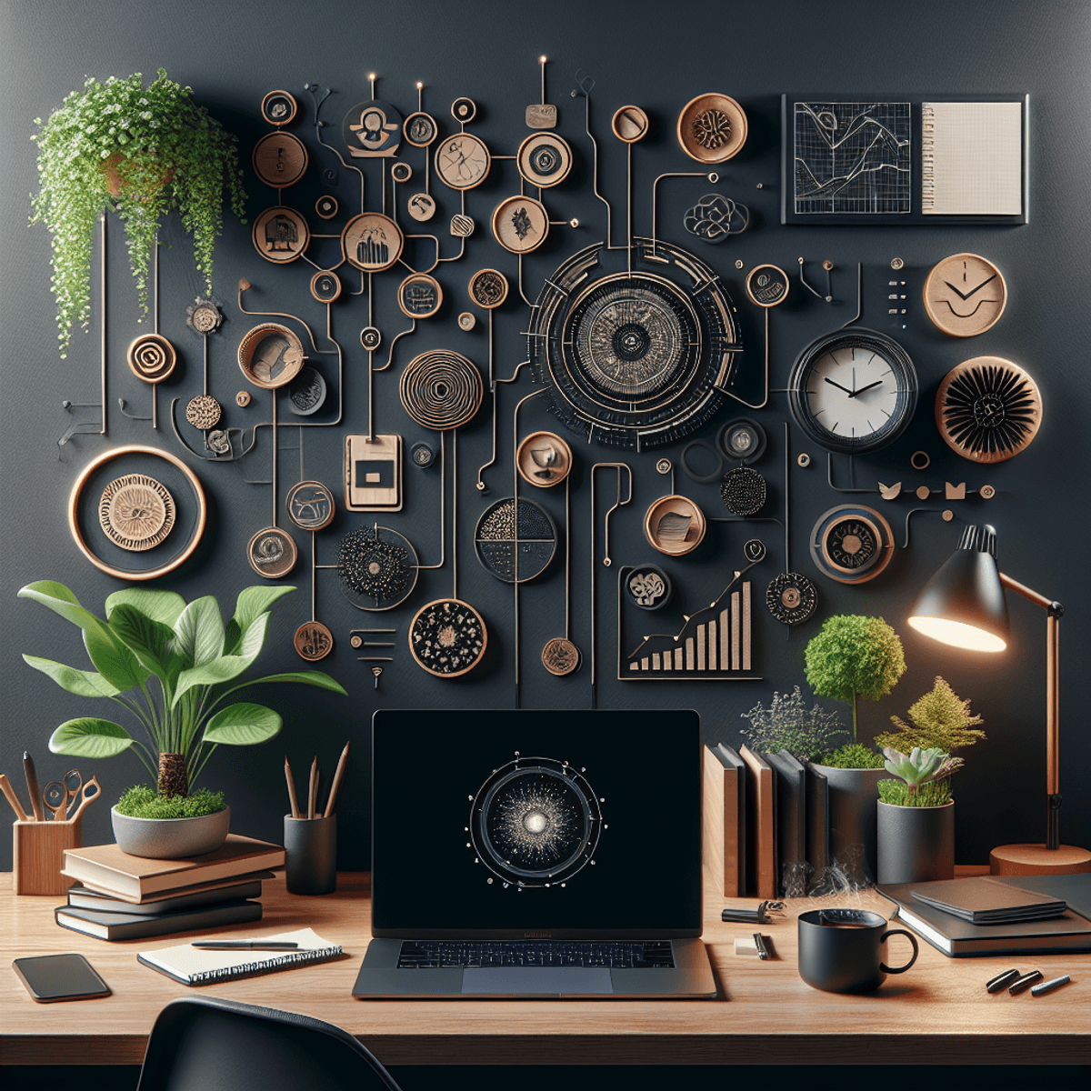 A well-organized workspace featuring a sleek laptop, assorted colorful notebooks, and symbols representing productivity tools like flow charts and mind maps. A ticking wall clock hangs on the wall, accompanied by lush green plants that add a calming touch. A steaming mug of coffee sits on the desk, contributing to the atmosphere of focus and motivation in this realistic depiction of an optimal productivity space.