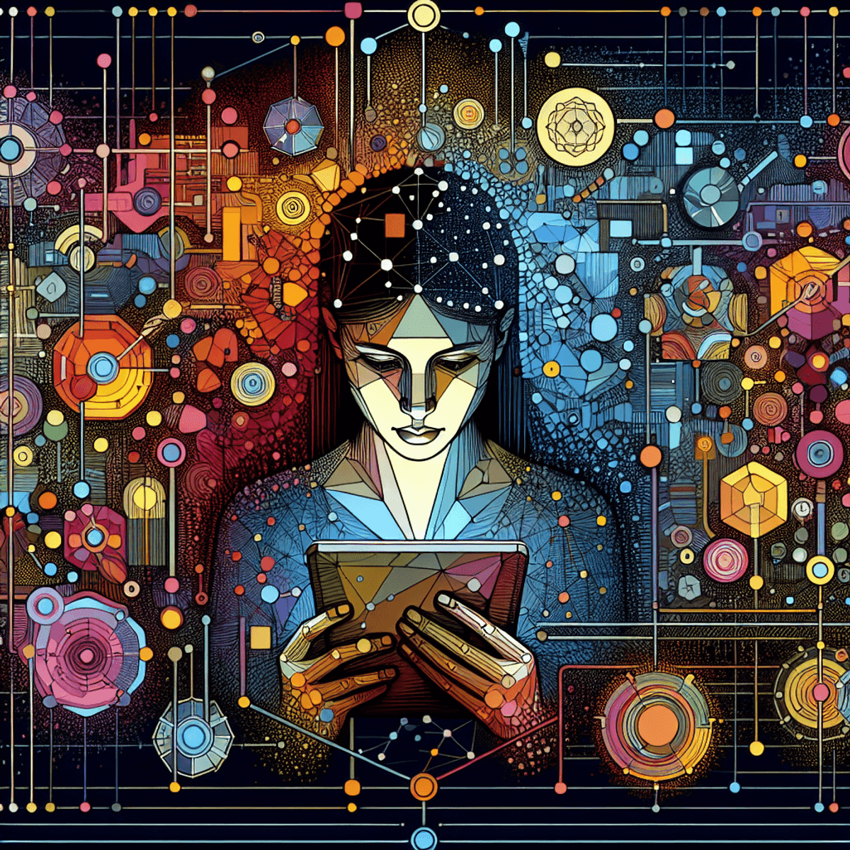 A female surrounded by colorful interconnected lines and nodes, using a futuristic note-taking tool on a tablet.